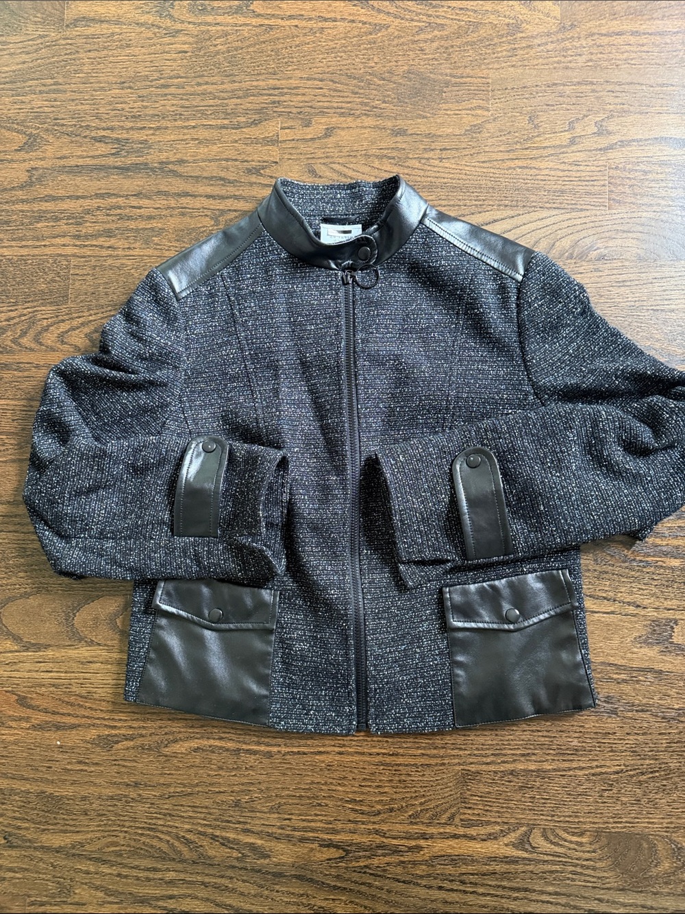 Akris Punto Black Tweed & Vegan Leather Trim Zip Jacket